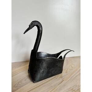 VINTAGE Black Cast Iron ? Heavy Metal Handicrafts Swan Bird Vase Statue VTG